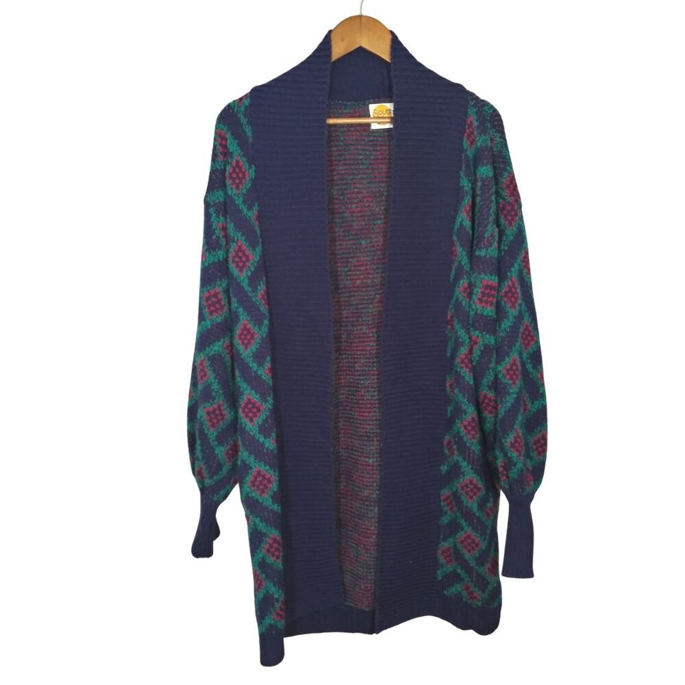 Vintage Southern Classics Blue Diamond Printed Long Line Grandma Cardigan Large